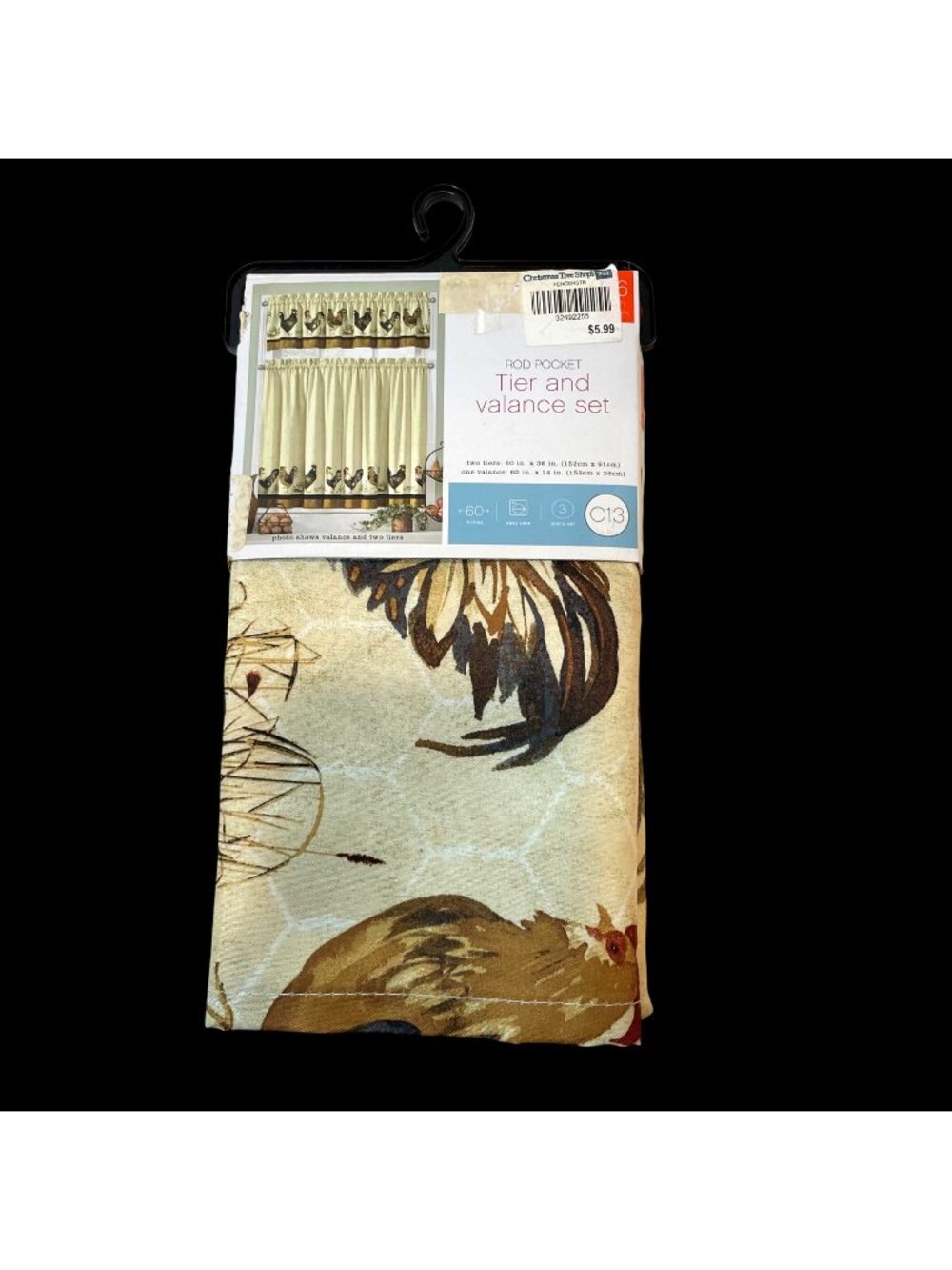 Rod Pocket Tier & Valance Set With Rooster Design 60"x36" Two Tiers & 60"x14" Va